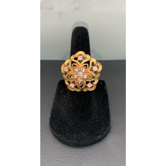 Vintage Gold Tone & Clear Rhinestone Flower Shaped Ring Adjustable - Picture 1 of 6